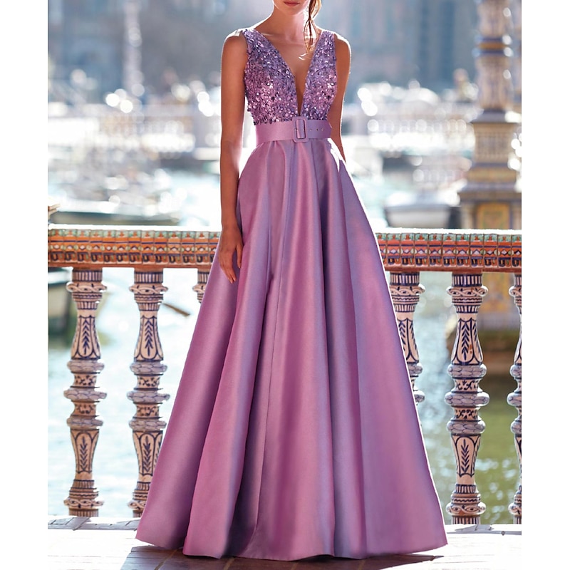 A-Line Evening Gown Elegant Dress Formal Wedding Floor Length Sleeveless V Neck Pocket Satin with Pearls