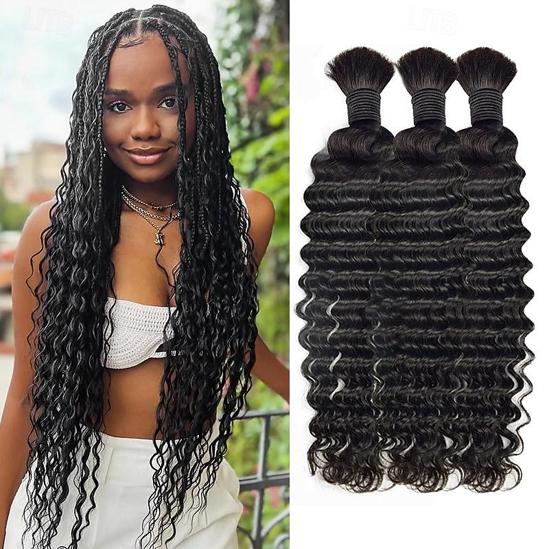 Deep wave bulk human hair 100 % Human Hair Braiding Human Hair Bulk No Weft deep Wave 100G per package Natural color 10-28 Inch 3Bundles