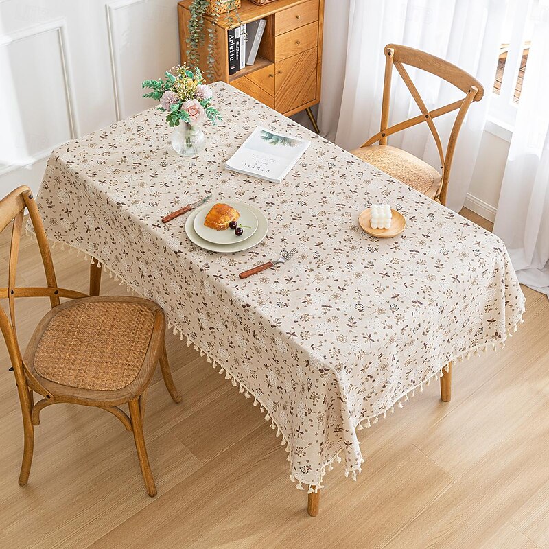100% Cotton Fringed Tablecloth with Tassel Floral Plant