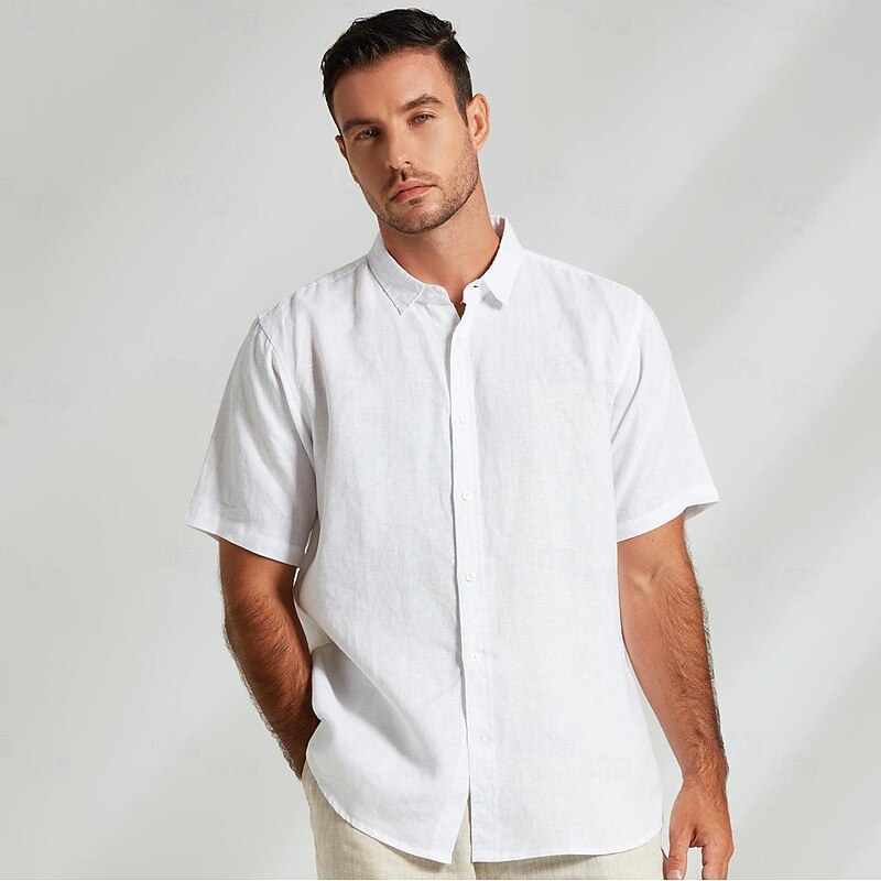 Men's 100% Linen Shirt Casual Shirt Button Down Shirt White Short Sleeve Solid Color Turndown Outdoor Button Clothing Apparel Vacation Daily