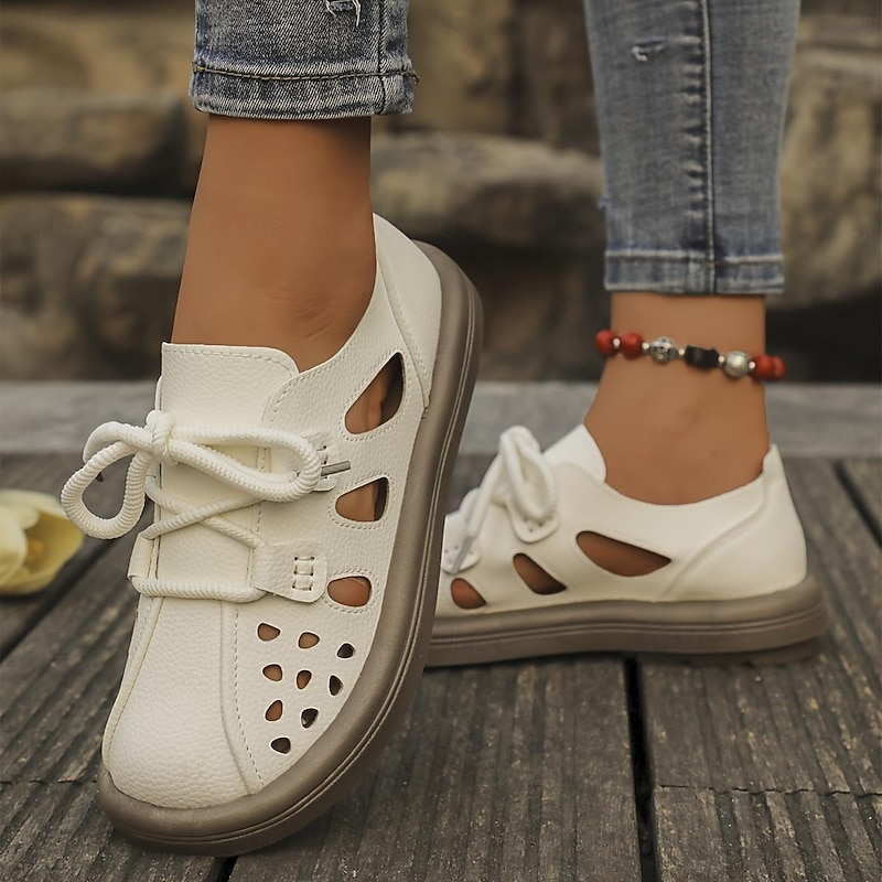 Women's White Cutout Lace-Up Faux Leather Flats – Breathable Casual Walking Shoes for Summer, Travel & Everyday Wear2