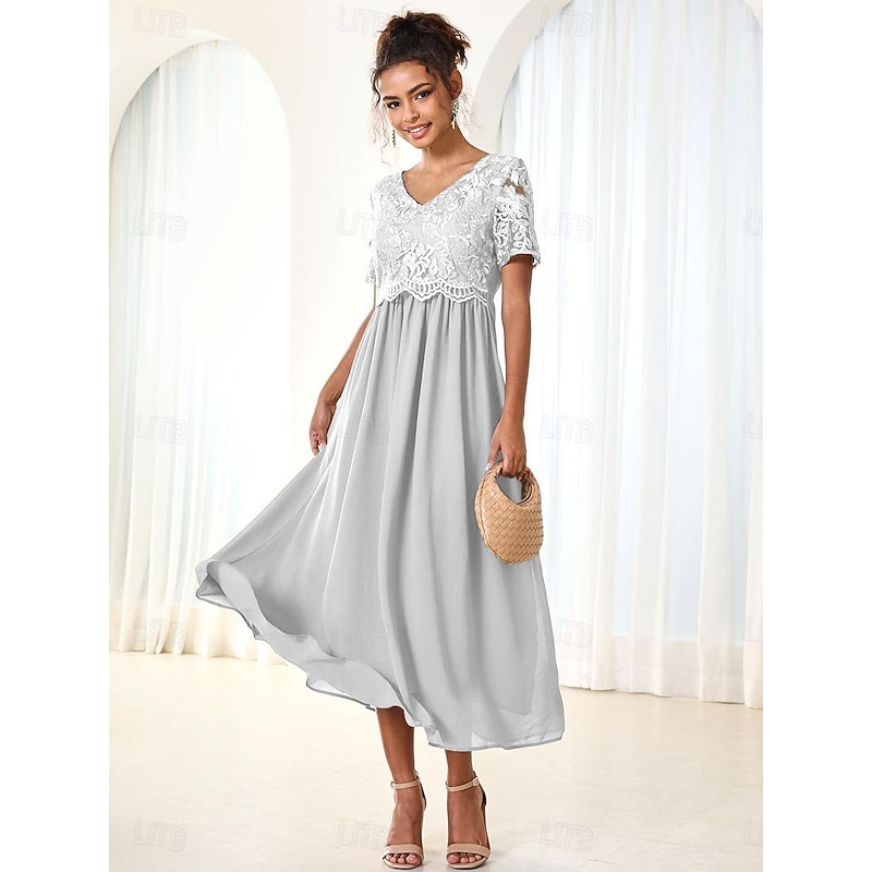 Women's Wedding Guest Cocktail Dress Maxi Dress Contrast Lace Party Elegant Formal V Neck Short Sleeve Pink Green Gray Color 14