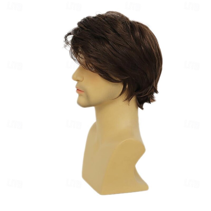Synthetic Wig Straight Loose Wave Asymmetrical Wig Short Brown Synthetic Hair Men's Fashionable Design Soft Natural Brown4