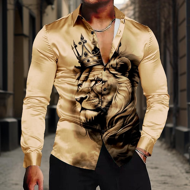 Men's Lion King Shirt Button Up Shirt Long Sleeve Casual Formal Summer Spring Fall Turndown Buttons Print White Yellow Blue Gray