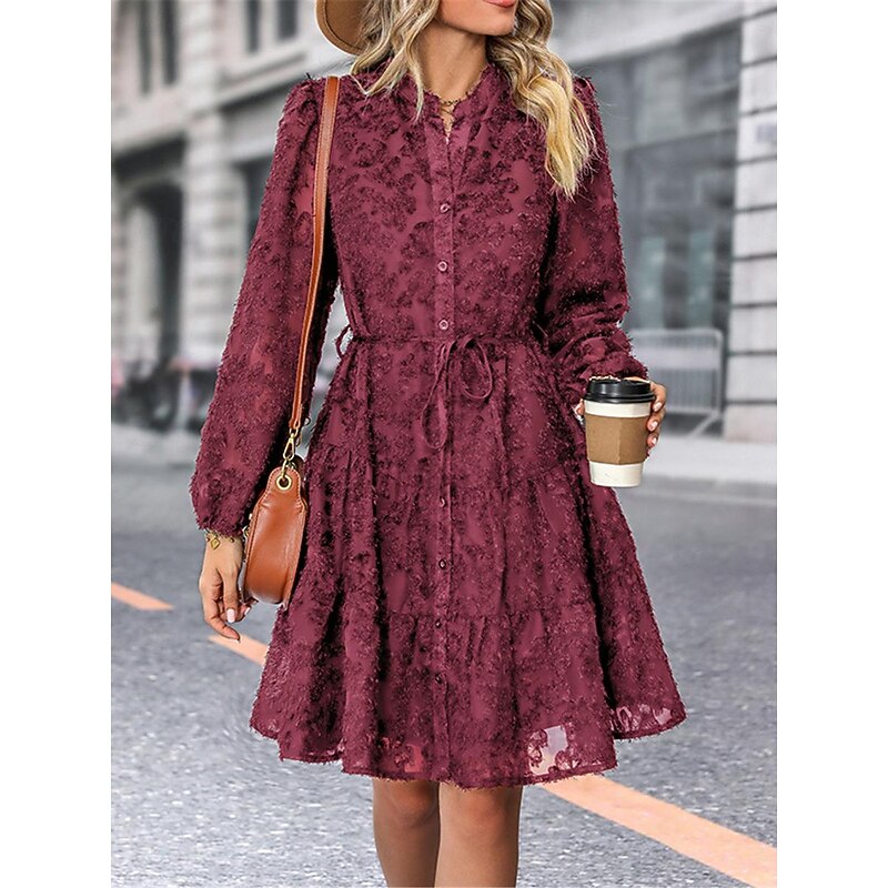 Women's Lace Dress Mini Dress Belted Formal Stand Collar Long Sleeve Black Wine Navy Blue Color3