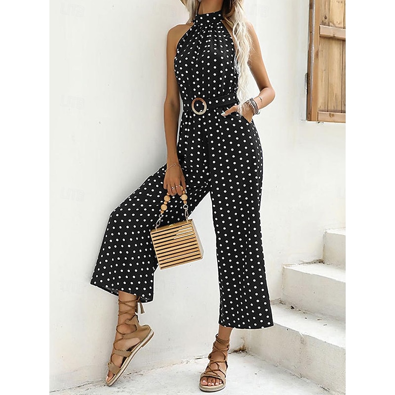 Women's Normal Jumpsuit Streetwear Polka Dot Sleeveless Halter Neck Pocket High Waist Street Daily Regular Fit Black Green Summer4