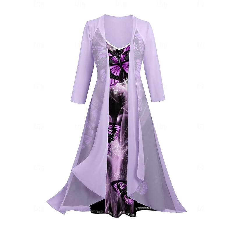 Women's Dress Set Casual Dress Print Dress Fashion Casual Floral Print Midi Dress 3/4 Length Sleeve V Neck Outdoor Vacation Black White Purple Summer Spring Loose Fit3