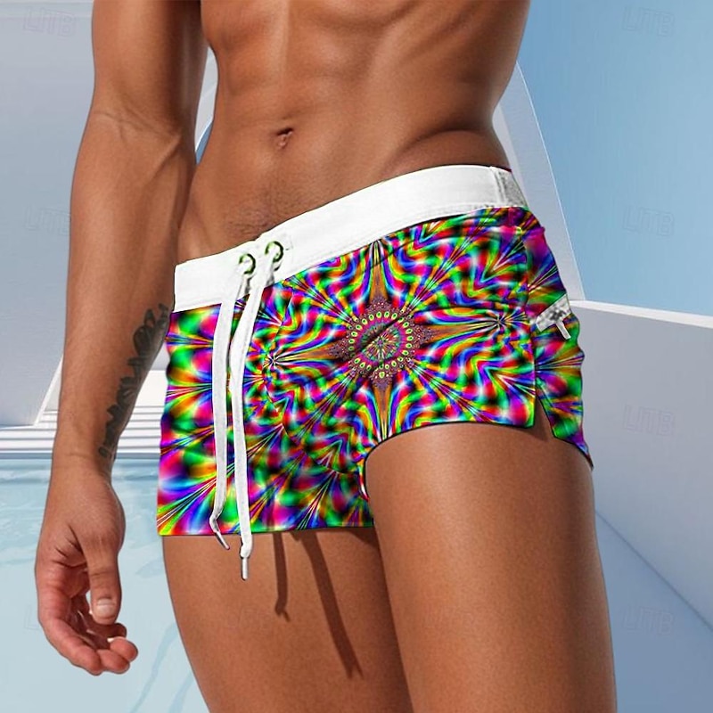 Men's Optical Illusion Geometric Pattern Swim Trunks Swim Shorts Board Shorts Mid Waist Fashion Designer Surfing Holiday Beach Drawstring Pocket Elastic Waist Designer Clothing Apparel4