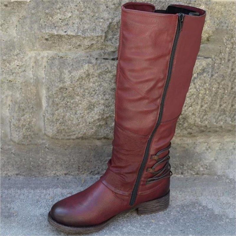 Women's Vintage Red Knee-High Faux Leather Boots with Buckle Accents - Perfect for Outdoor Adventures, Casual Outings, and Fall Fashion2