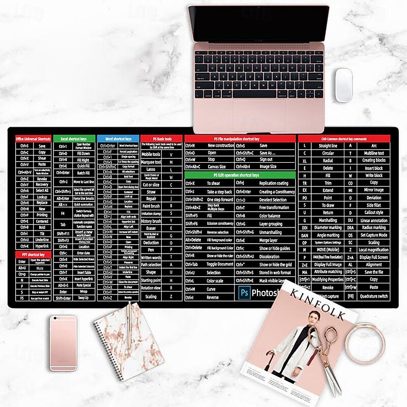 Anti-Slip Keyboard Pad, Quick Key Super Large Keyboard Anti Slip Pads, Keyboard Anti Slip Pads, Shortcuts Mouse Pad Large Water-Proof with Office Software Shortcuts Pattern