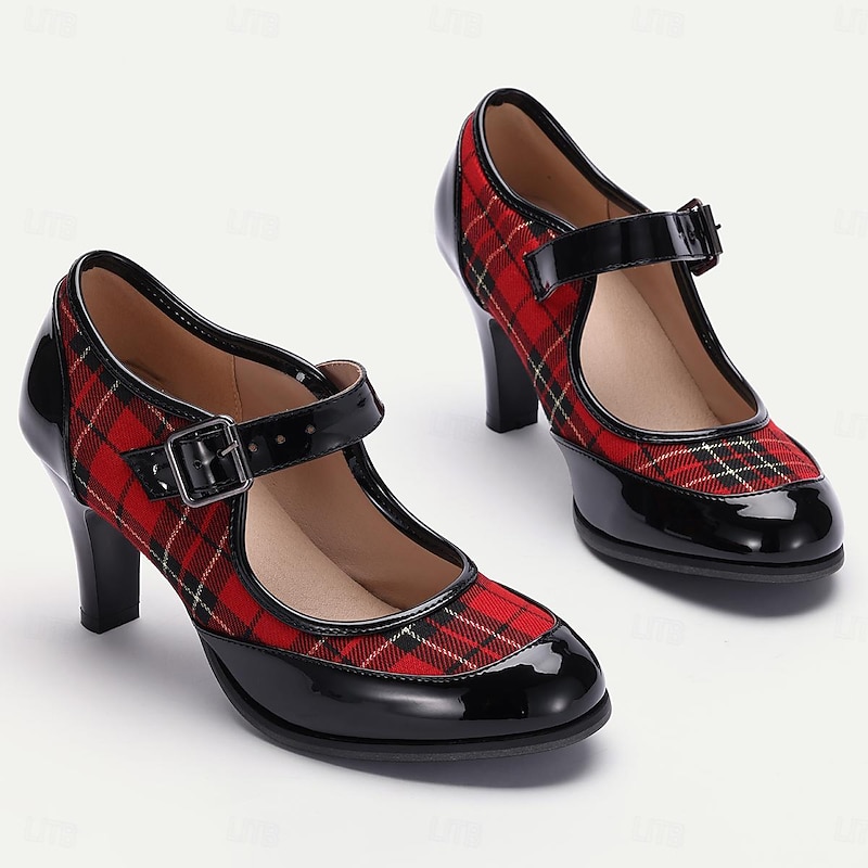 Women's Red Plaid Mary Jane Heels - Stylish Retro Shoes with Buckle Strap for Casual and Party Wear3