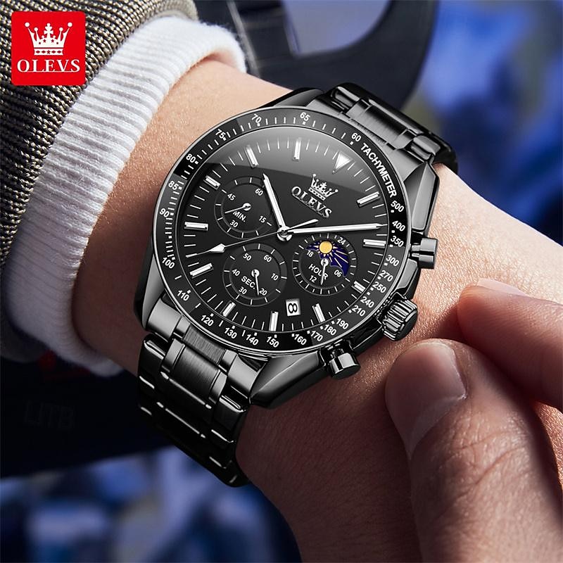 New Olevs Olevs Fashion Trend Stainless Steel Band Men'S Business Watch Calendar Luminous Moon Phase Simple Leisure Quartz Watch Waterproof Sports Men'S Wristwatch