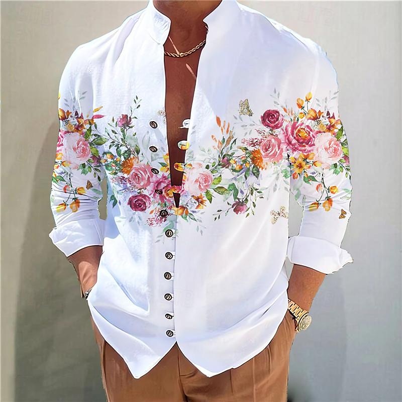 Men's Floral Shirt Button Up Shirt Long Sleeve Fashion Designer Casual Vacation Daily Going out Fall Autumn / Fall Spring & Summer Stand Collar Print White+Red Black White Yellow Pink2