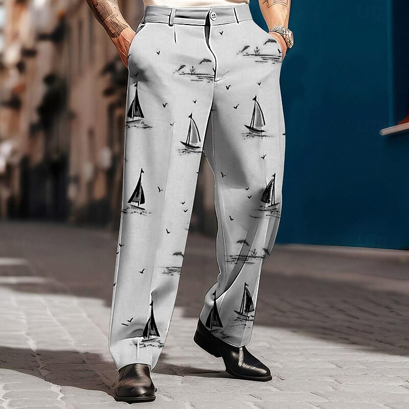 Men's Sailboat Dress Pants Mid Waist Business Casual Formal Wedding Dailywear Pocket Straight Leg Trousers Summer Spring Fall 3D Print Black White4