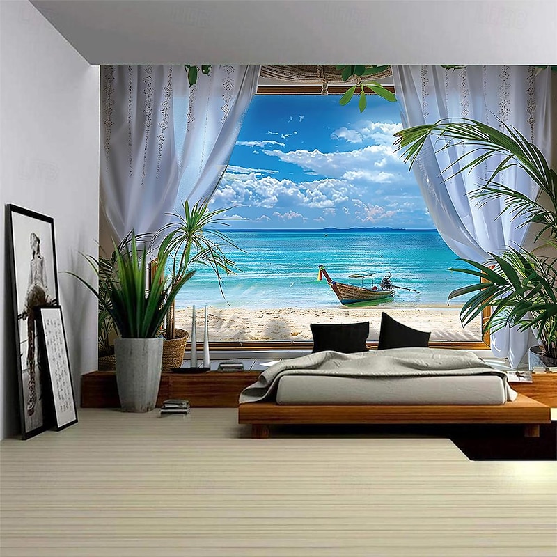 Window Ocean Boat Hanging Tapestry Wall Art Large Tapestry Mural Decor Photograph Backdrop Blanket Curtain Home Bedroom Living Room Decoration