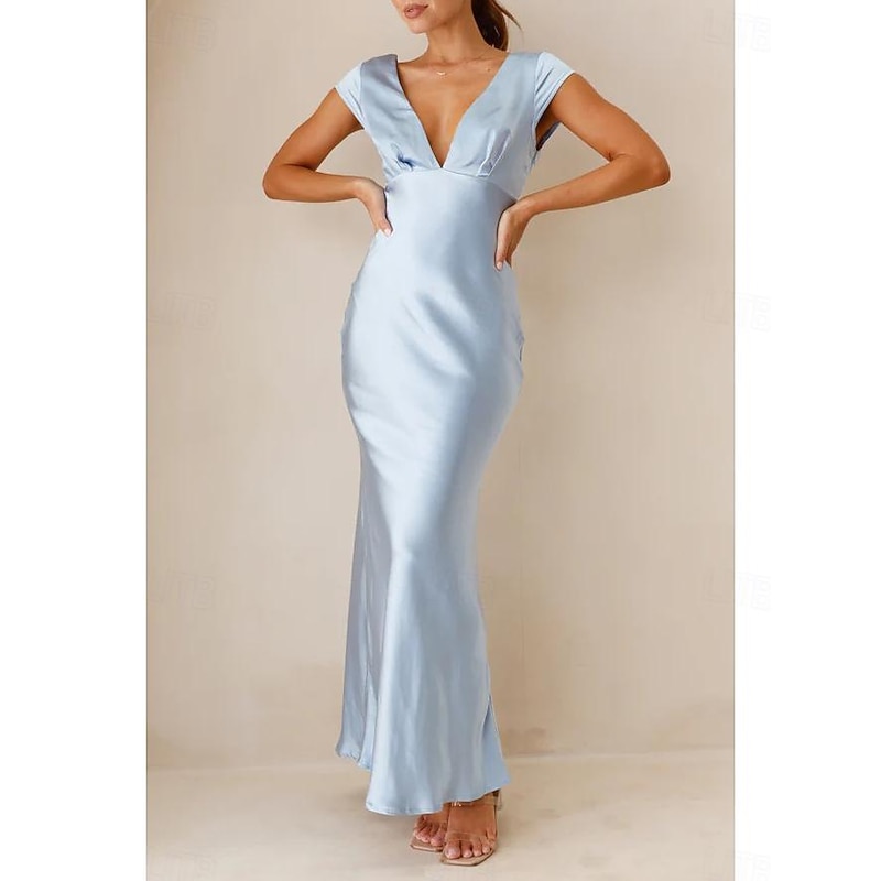 Sky Blue Mermaid Wedding Guest Dresses Elegant Dress Formal Black Tie Floor Length Short Sleeve V Neck Charmeuse Crisscross Back with Ruched