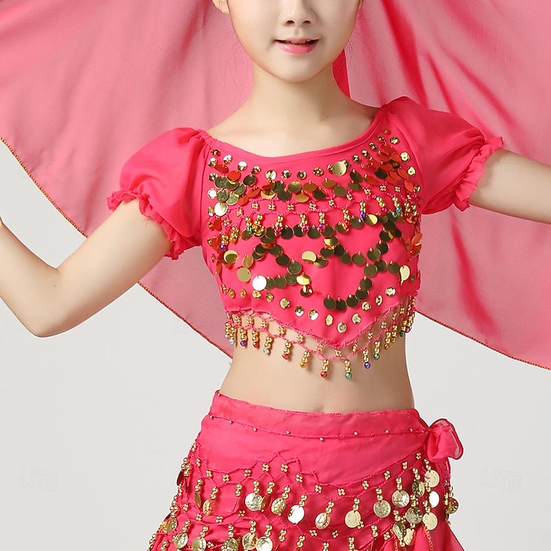 Belly Dance Kids' Dancewear Top Pure Color Splicing Paillette Girls' Performance Training Short Sleeve High Polyester