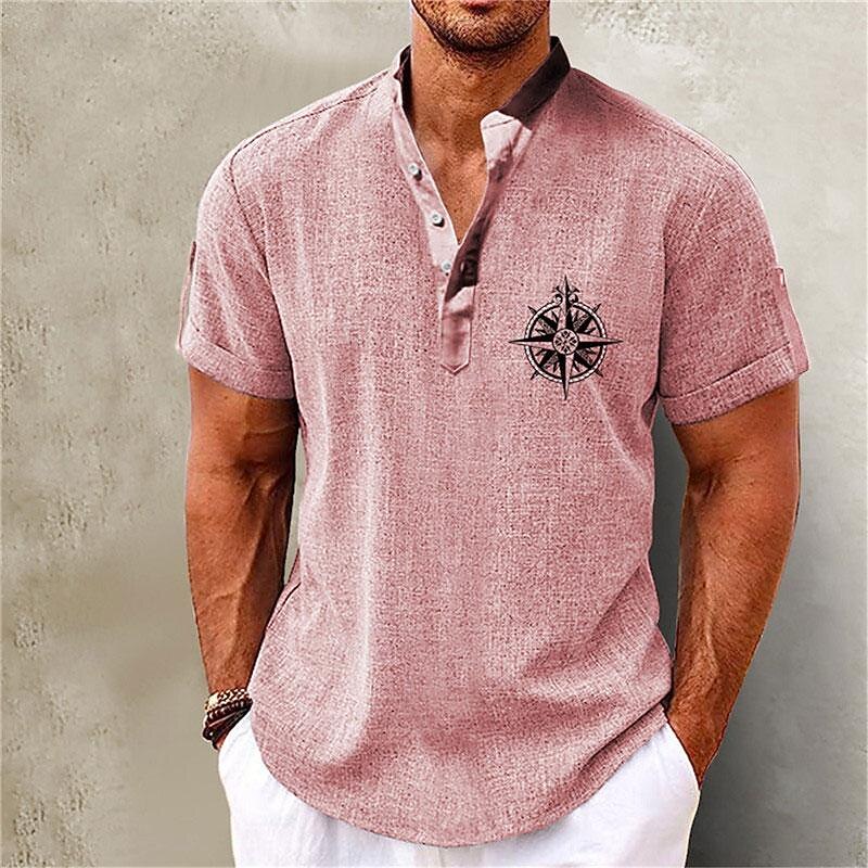 Men's Shirt Linen Shirt Beach Shirt Graphic Prints Outdoor Vacation Pink Green Khaki Gray Short Sleeve Stand Collar Summer Spring Clothing Apparel Print4