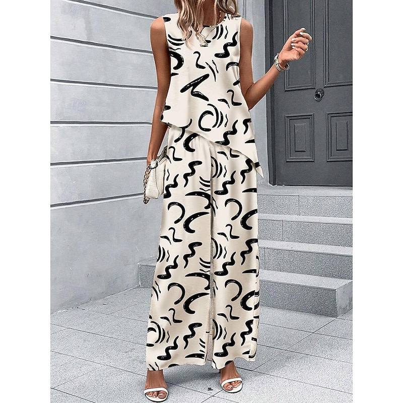 Women's 2 Pieces Fashion Tank Top Pants Sets Wide Leg Pants Trousers Sleeveless Round Neck Graphic Print Casual Daily Beige Summer Regular Fit