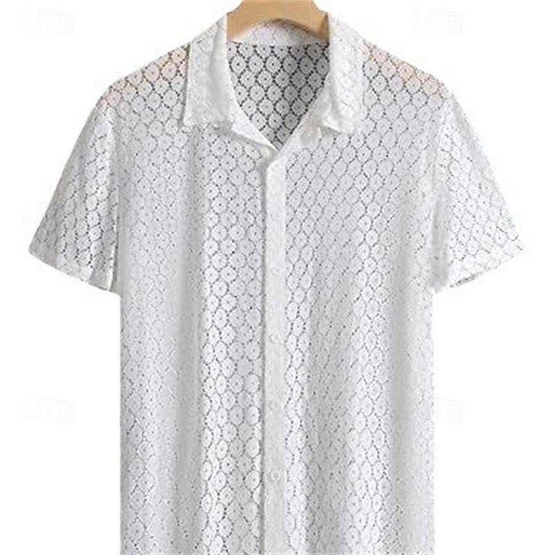 Men's Shirt Summer Shirt Mesh Shirt Sheer Shirt Sheer Blouse White Short Sleeve Plain Camp Collar Vacation Hawaiian Mesh Clothing Apparel Polyester Fashion Casual Comfortable2