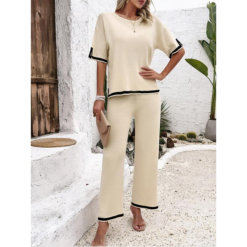 Women's EU / US Size2 Pieces SetsDaily T Shirt Wide Leg Pants Short Sleeve Crew Neck Plain Casual Daily Beige Summer Loose Fit3