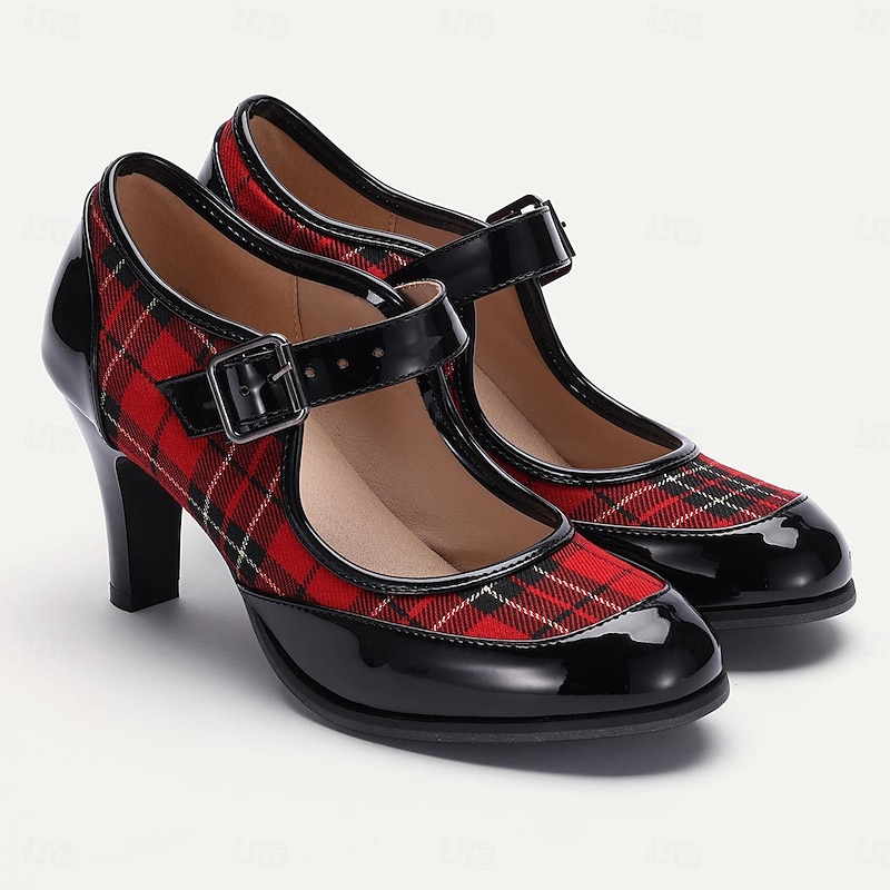 Women's Red Plaid Mary Jane Heels - Stylish Retro Shoes with Buckle Strap for Casual and Party Wear4