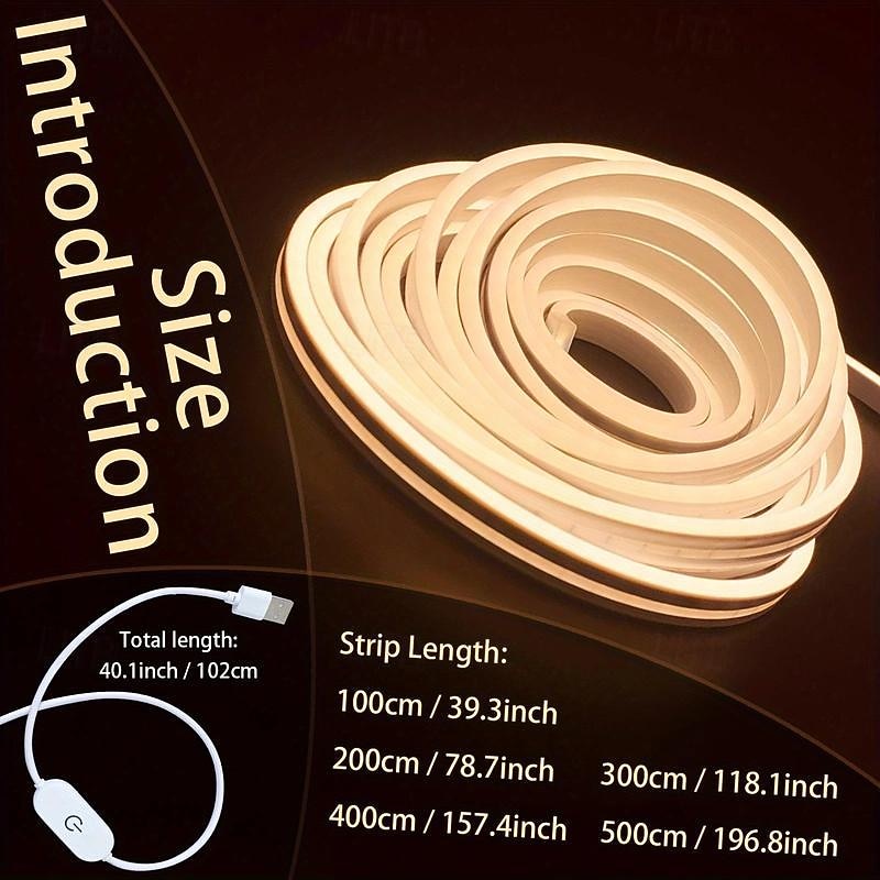 1pc 1-5M/3.28FT-16.4FT, LED, Warm White Neon, Touch Control Switch, 5V Safe Voltage, USB Powered, Cutting Flexible Neon Strip Light, Ambience Creation, For Indoor/Outdoor Decorations, Pathway Lights,4