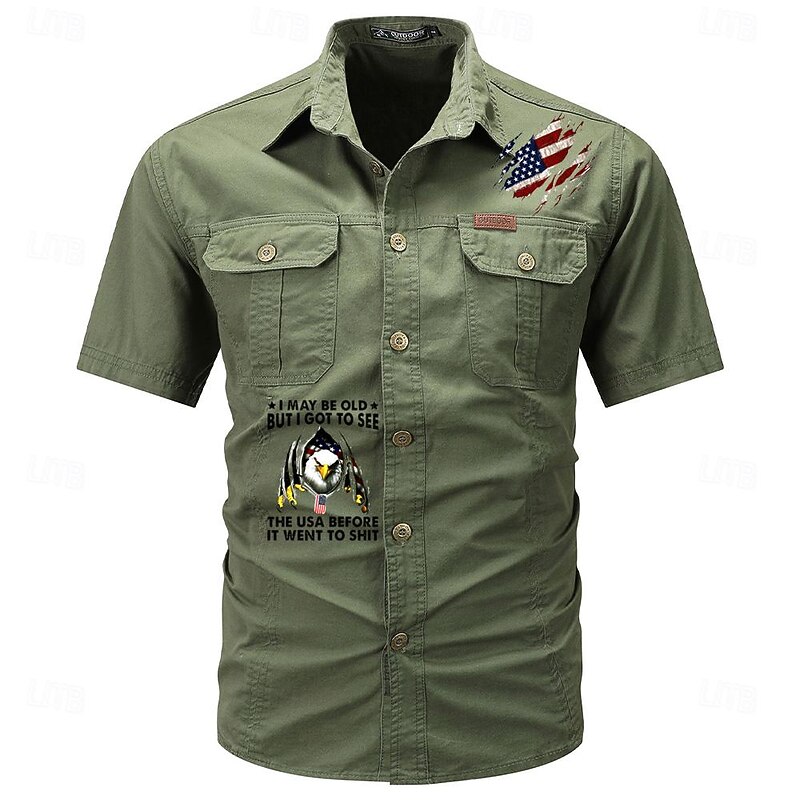 Men's Flag American US Flag Letter Printed Work Shirt Western Shirt Cargo Shirt Short Sleeve Western Style Tactical Fashion Casual Going out Summer Turndown Buttons Print Black Army Green Khaki Dark4