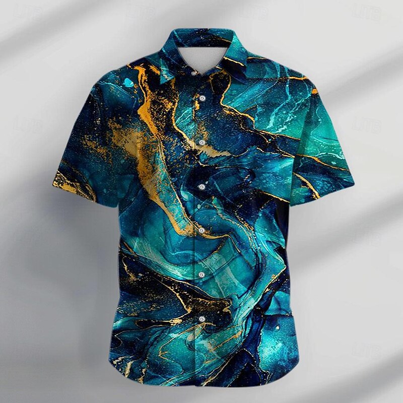 Men's Marble Shirt Button Up Shirt Short Sleeve Abstract Casual Vacation Daily Evening Party Summer Turndown Collared Shirts Buttons Print Black Blue Gold