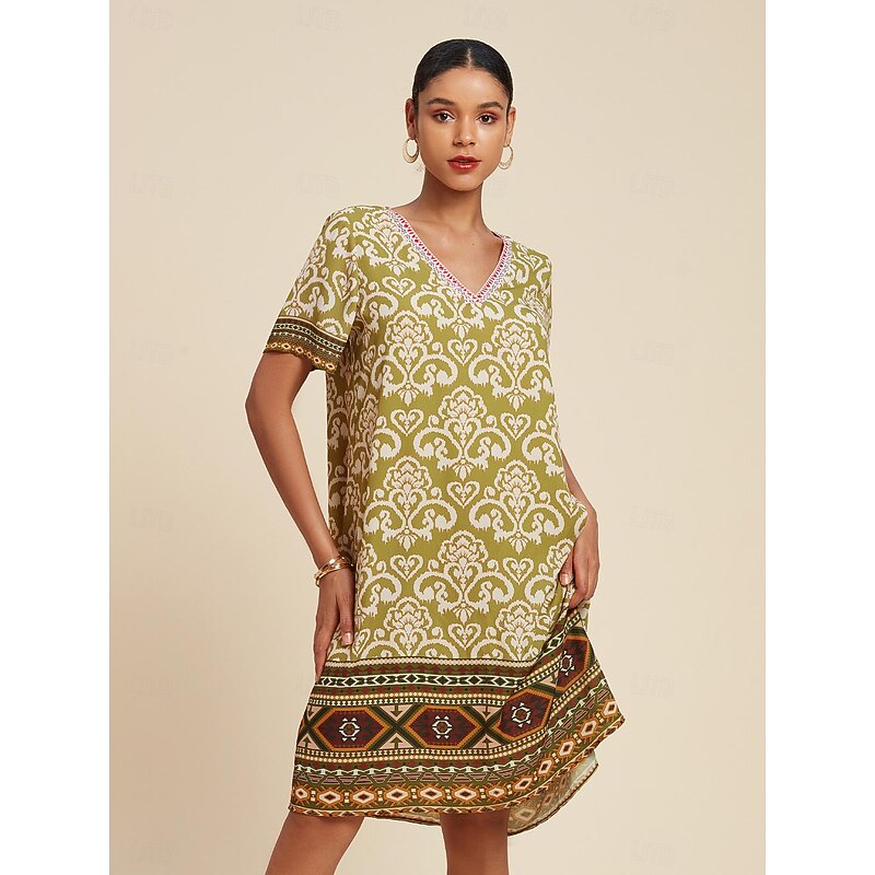 Chiffon Geometric Boho V Neck Short Sleeve Mini Dress