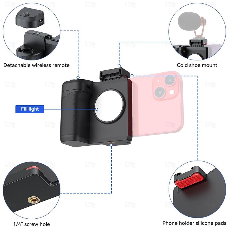 PH-14 Fill Light, Wireless Bluetooth Remote Control Three-Gear Adjustable Selfie Light, Smartphone Camera Shutter Handle Grip Detachable for iPhone Samsung Google OnePlus Phones Video/Photo Shooting2