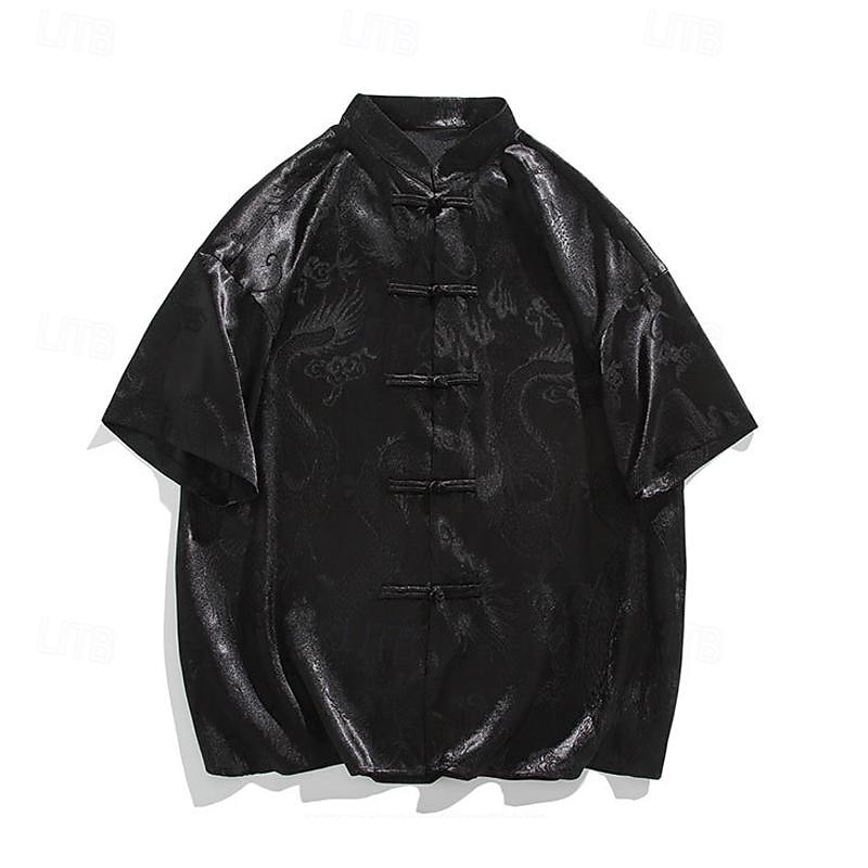 Men's Shirt Chinese Collar Shirt Mandarin Collar Shirt Summer Shirt Casual Shirt Button Up Shirt Black White Short Sleeve Plain Mandarin Collar Vacation Holiday Clothing Apparel Polyester Fashion3