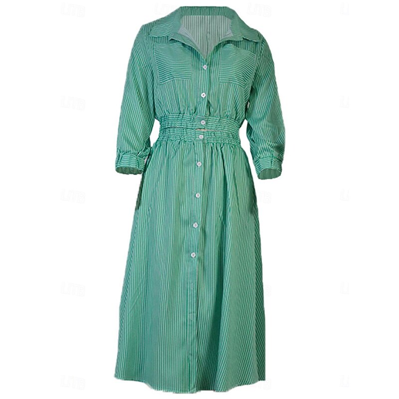 Women's Dress Set Shirt Dress Classic Modern Stripe Buttons Long Dress Maxi Dress 3/4 Length Sleeve Shirt Collar Office Daily Black Blue Green Summer Regular Fit4