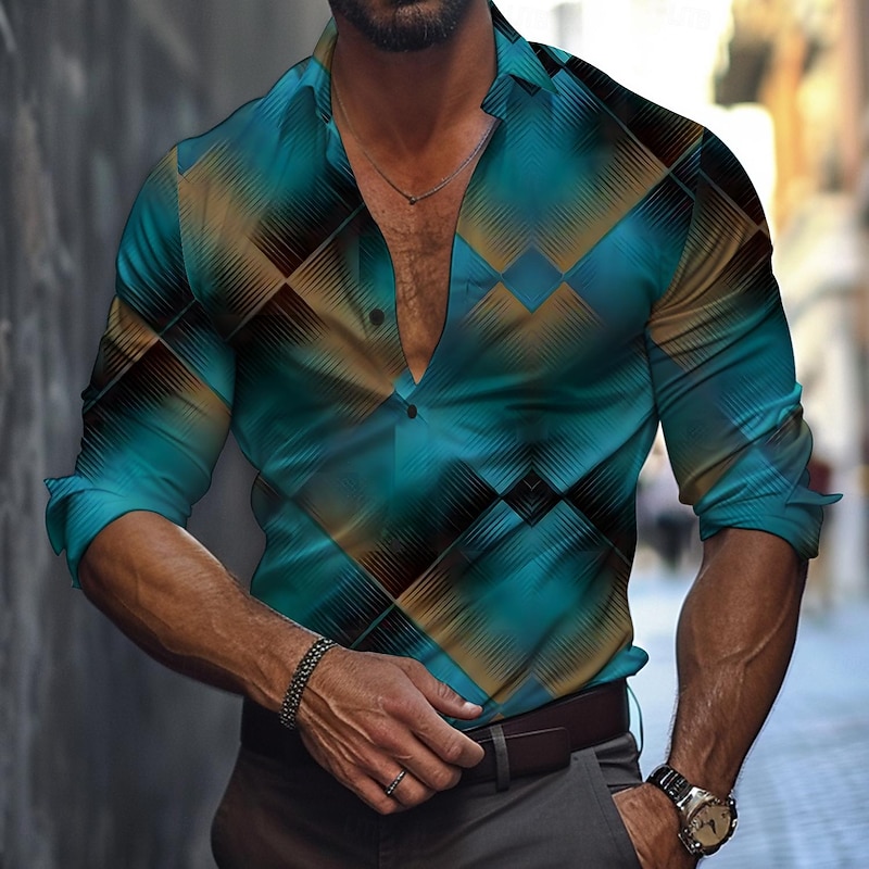 Men's Graphic Geometric Pattern Line Button Up Shirt Printed Shirts Long Sleeve Business Casual Formal Daily Fall Winter Spring & Summer Turndown Collared Shirts Buttons Print Wine Blue Gold