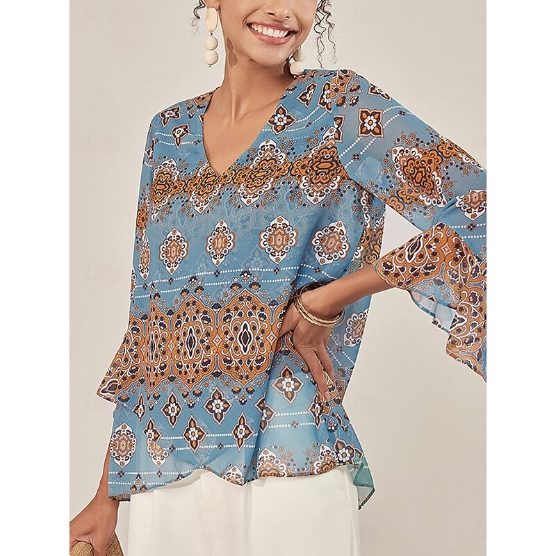 Women's Blouse Graphic Elegant 3/4 Length Sleeve Bell Sleeve V Neck Regular Tops Work Ruffle Blue Summer Spring Fall2