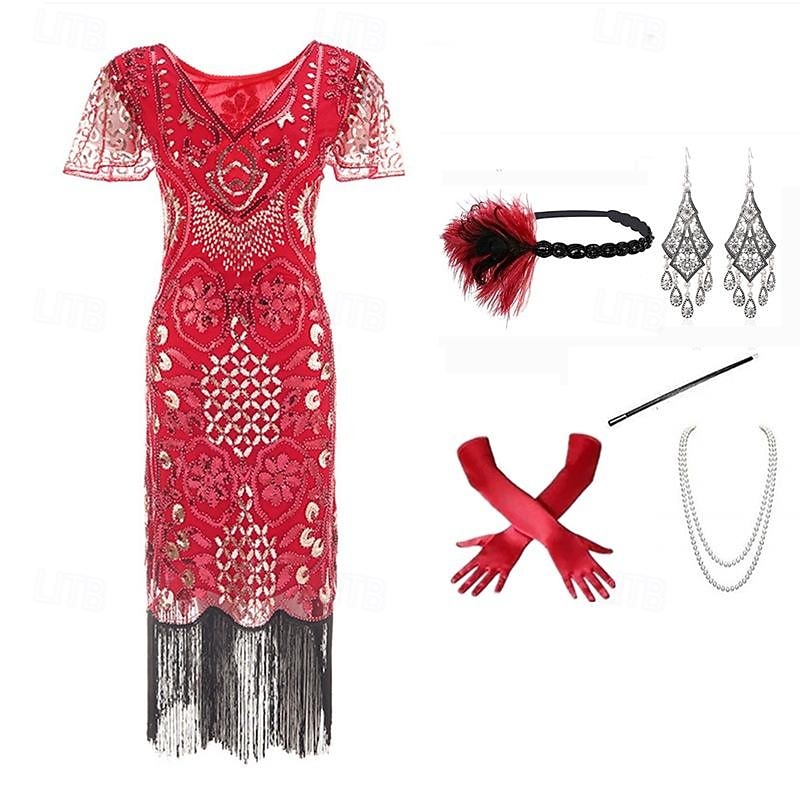 Retro Vintage Roaring 20s 1920s Flapper Dress Outfits Cocktail Dress The Great Gatsby Wedding Guest Sequins Tassel Fringe Fancy Dress Women's Christmas Carnival Masquerade Party / Evening Masquerade3