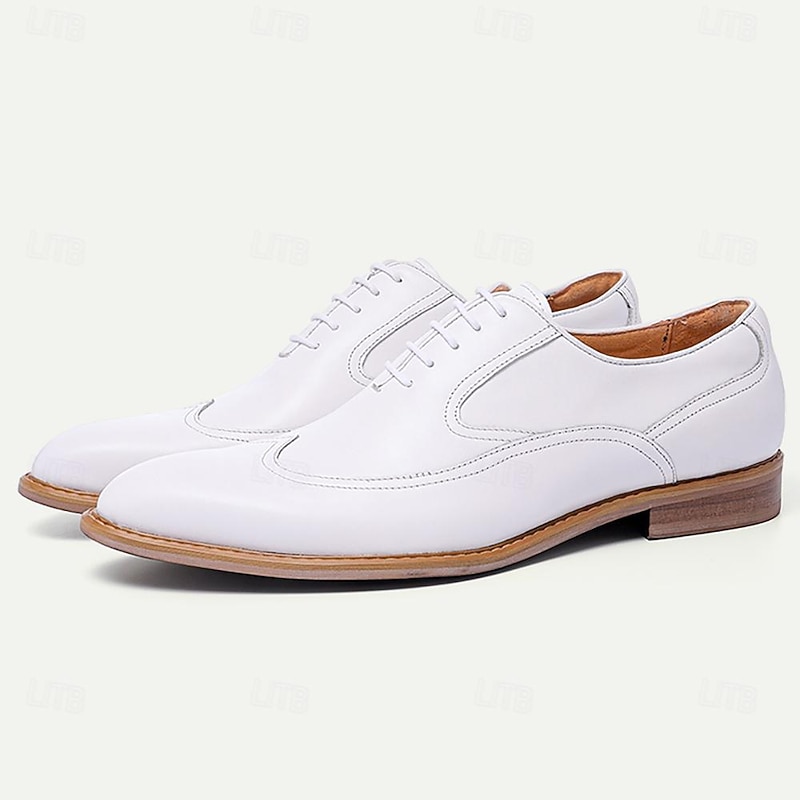 Men's Premium Cowhide Leather White Brogue Oxford Shoes - Elegant Lace-Up Dress Shoes for Formal Occasions2