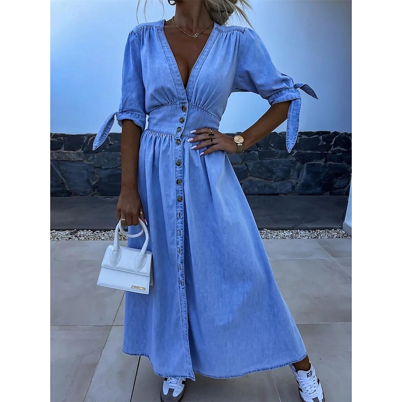 Women's Denim Dress Shirt Dress Maxi long Dress Office Vacation Denim Basic Modern V Neck Button Half Sleeve Summer Spring Regular Fit Plain2