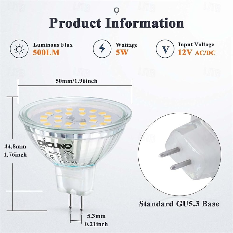 MR16 LED Bulbs GU5.3 Bi-Pin LED Bulbs Base Clear Glass Cover 12V 50W Halogen Equivalent Non-Dimmable 120 Degree Beam Angle 500LM for Landscape Spotlight Track Lights 10 Pcs2