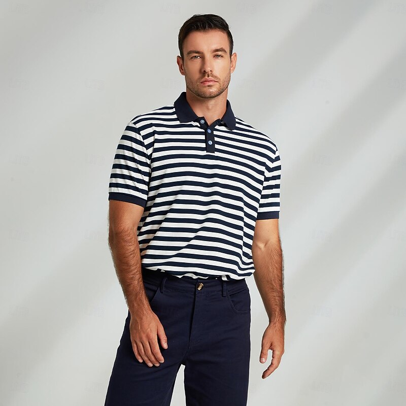 Men's Polo Knit Polo Sweater Business Casual Lapel Short Sleeve Modern Formal Striped Horizontal Stripes Button Summer Navy Blue Polo4