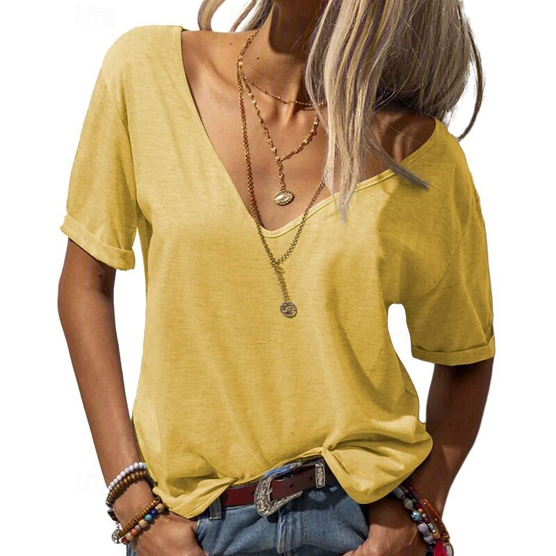T shirt Tee Women's Black White Yellow Plain Sexy Street Daily Fashion V Neck Regular Fit S3