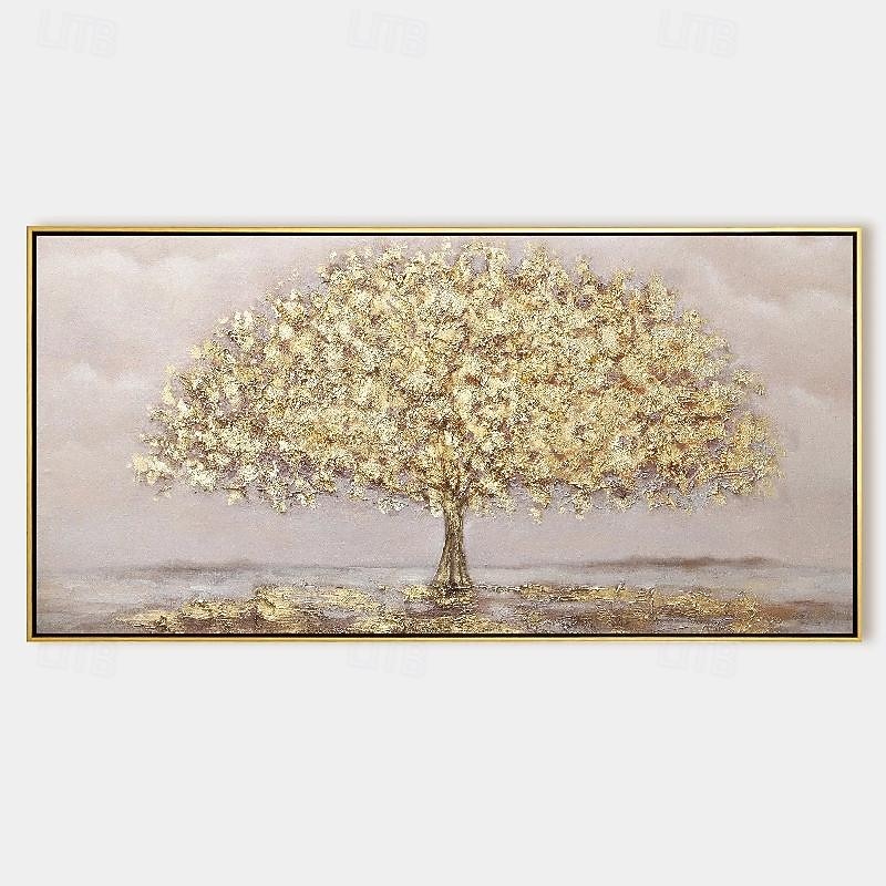 Hand painted gold foil tree painting wall art gold leaf tree painting abstract landscape texture flower oil painting yellow large money tree painting home decoration for bedroom office wall decoration