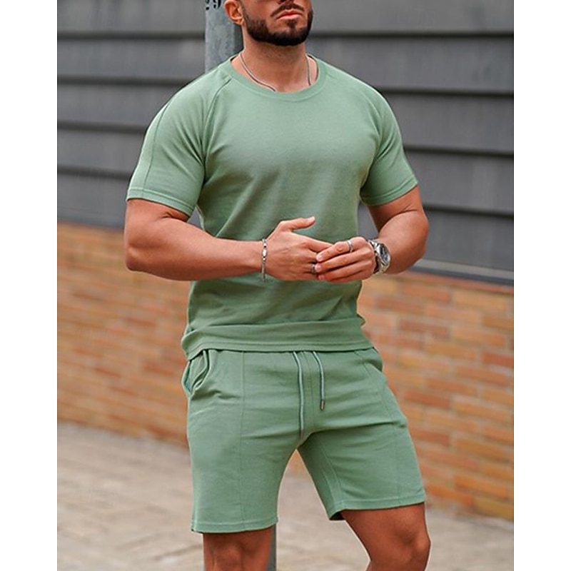 Men's T-shirt Suits 2 Pieces Outfits Tee & Shorts Short Sleeve Crew Neck Summer Plain Fashion Casual 2 Piece Vacation Daily Wear Going out White Pink Green Top Tee for Men 8
