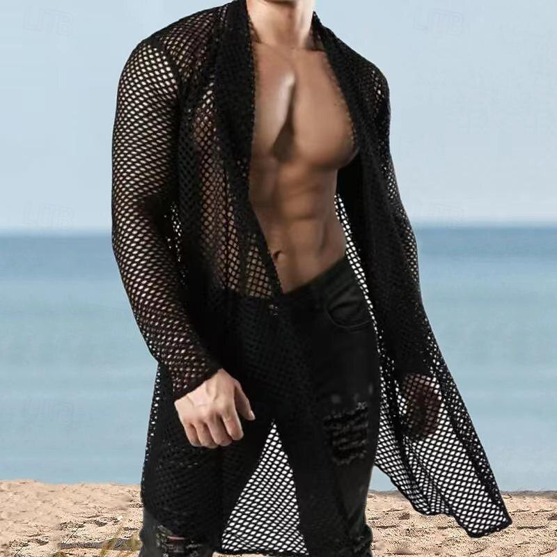 Men's Shirt Summer Shirt Mesh Shirt Sheer Shirt Sheer Blouse Black Long Sleeve Plain Collar Hawaiian Holiday Mesh Clothing Apparel Fashion Casual Comfortable2