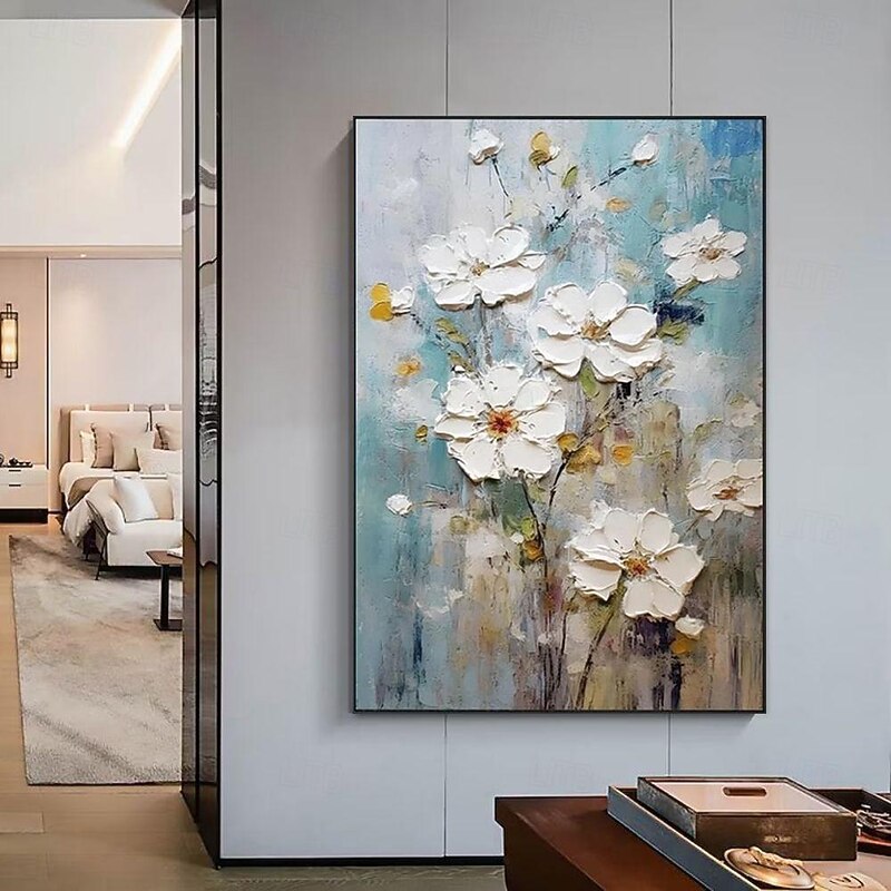 Handmade Oil Painting Canvas Wall Art Decoration Thick Oil White Abstract Flowers for Home Decor Rolled Frameless Unstretched Painting3