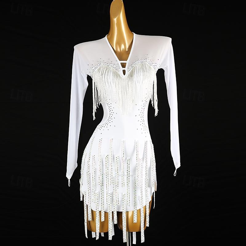 Latin Dance Exotic Dancewear Dress Tassel Crystals / Rhinestones Women's Performance Daily Wear Long Sleeve Spandex