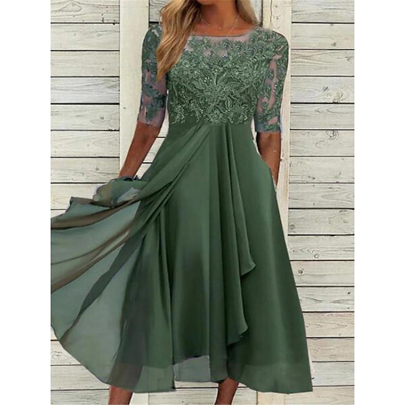 Women's Midi Dress Lace Dress Cocktail Dress Wedding Guest Dress Chiffon Dress Elegant Formal Wedding Party Regular Fit Half Sleeve Crew Neck Blue Purple Green Dark Blue Summer3