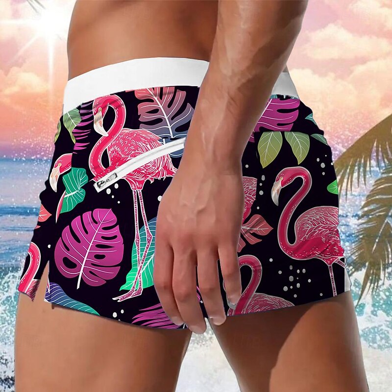 Men's Leaf Flamingo Plants Swim Trunks Swim Shorts Board Shorts Mid Waist Fashion Designer Surfing Holiday Beach Drawstring Pocket Elastic Waist Designer Clothing Apparel2