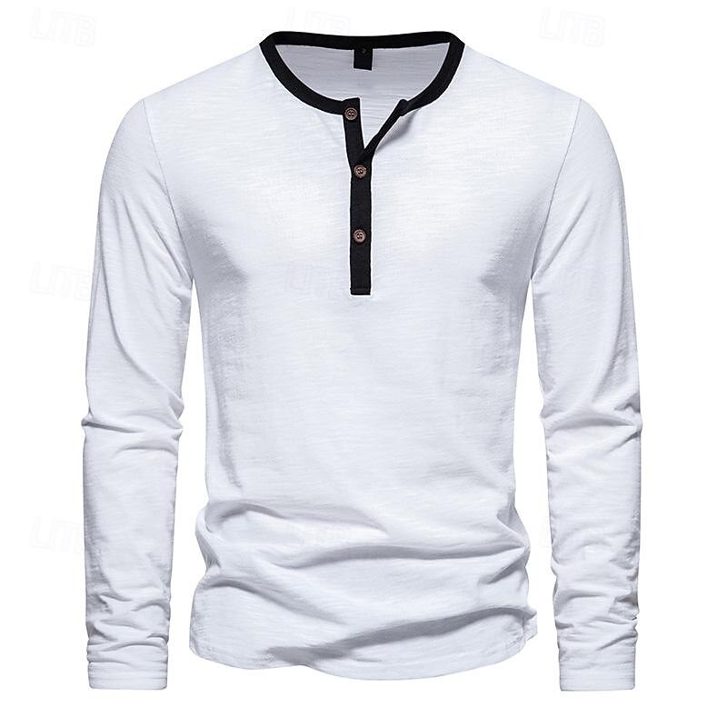 Men's Button T Shirt T Shirt Henley Shirt Tee Long Sleeve Henley Spring &  Fall Plain Fashion Designer Basic Vacation Street Going out Black White Khaki Top Tee for Men