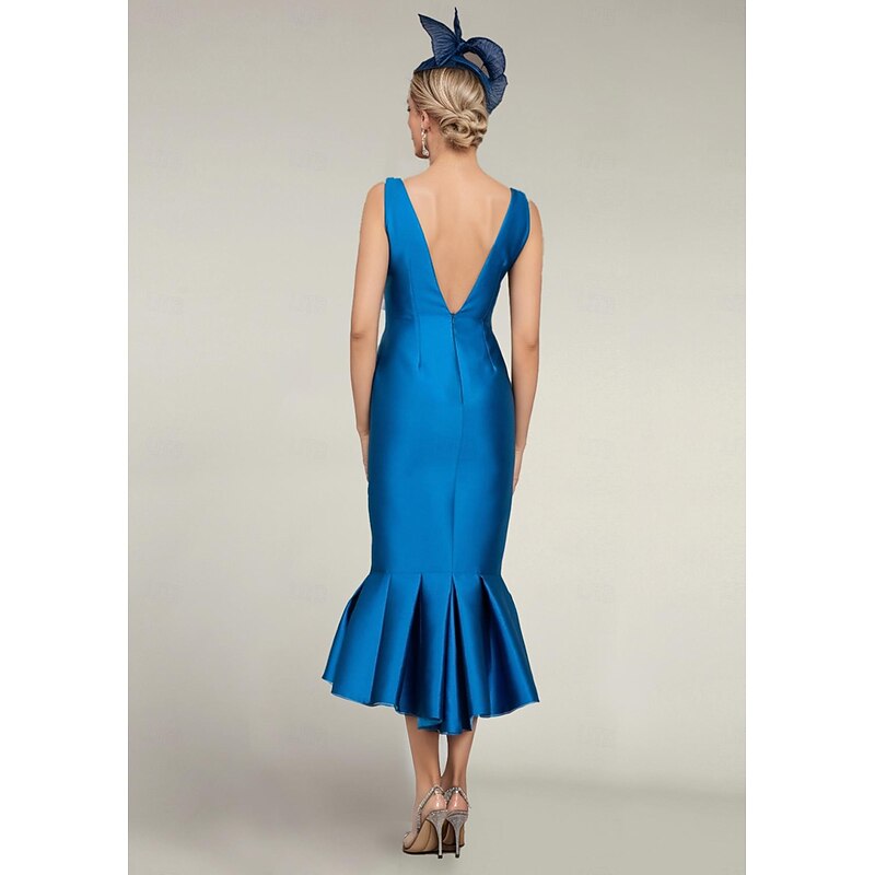 Two Piece Mermaid Mother of the Bride Dress Formal Wedding Guest Elegant Jewel Neck Tea Length Satin Half Sleeve with Buttons Race Day Dress2